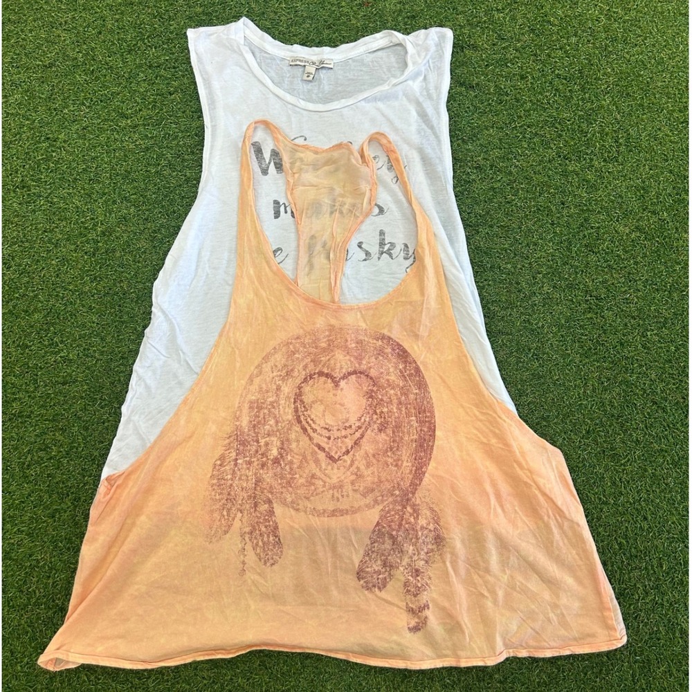 Express One Eleven Womens Graphic Tank Top Bundle White Peach XS 2 Pack